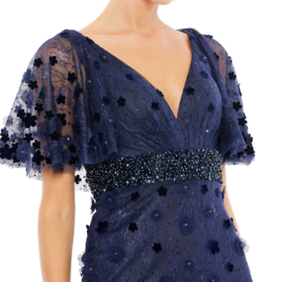 MAC DUGGAL FLORAL APPLIQUE FLUTTER SLEEVE MIDNIHGT NAVY GOWN sz 16 - Picture 3 of 5